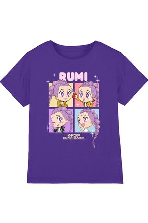 Purple t-shirt with four cartoon panels of a girl with purple braided hair in different poses, labeled "RUMI," and "KPOP Demon Hunters" text below.