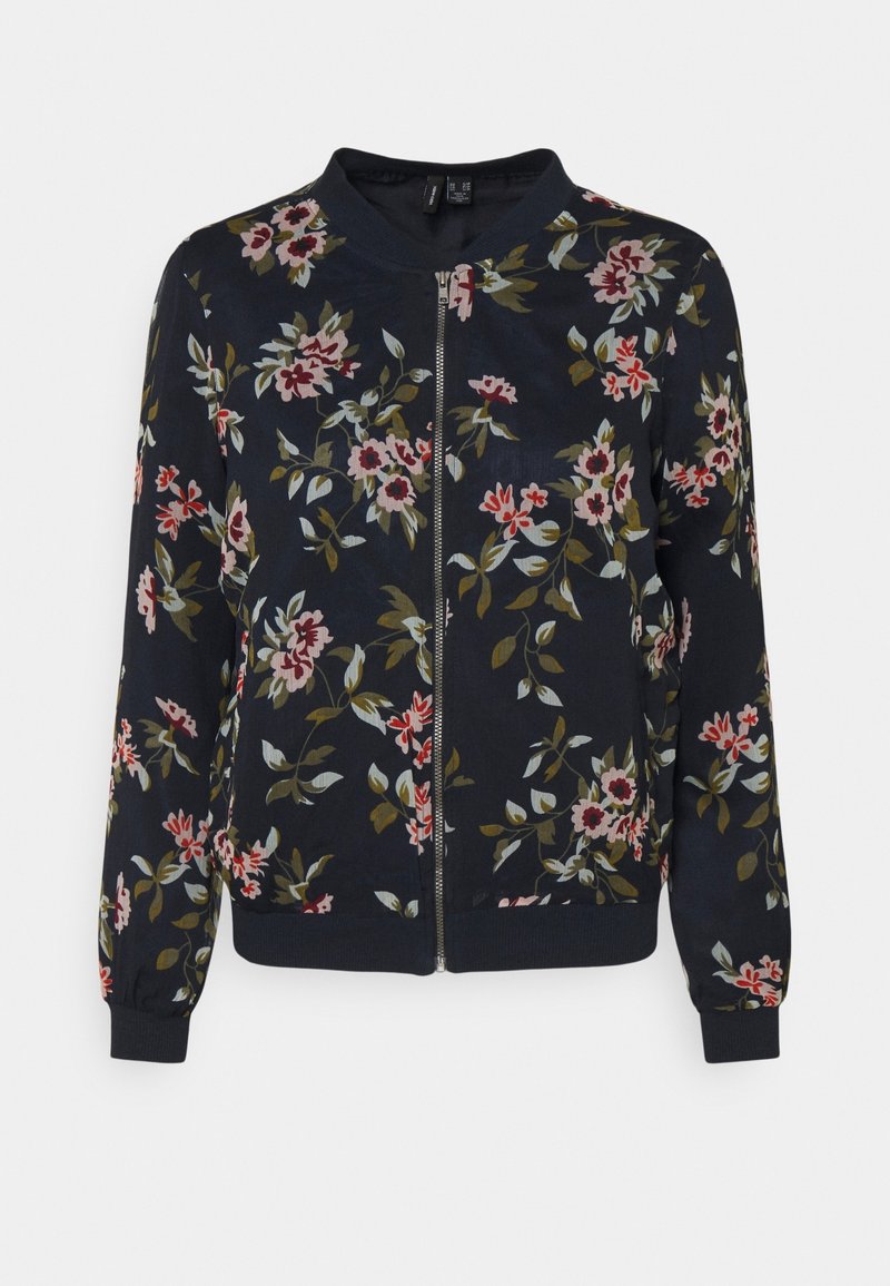 Květinová bomber bunda z tmavě modré látky se zipem vpředu, s růžovými a zelenými květinovými vzory, žebrovanými manžetami a kulatým výstřihem.