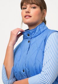 Blå quiltad väst med hög krage och tryckknappar, i kombination med en randig blå och vit långärmad skjorta. Slät textur, avslappnad design.