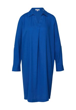 Langarmige, knielange koningsblauwe overhemdjurk met kraag, V-hals en knoopmanchetten, weergegeven op een witte achtergrond.