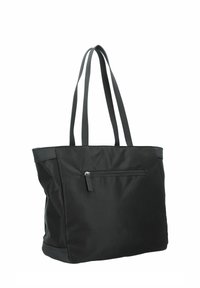 Sac fourre-tout noir en tissu résistant, avec une poche avant zippée, deux longues poignées et une forme rectangulaire structurée.
