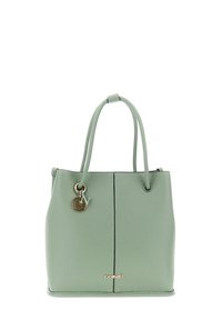 Borsa tote in pelle verde chiaro con texture, dotata di due manici e logo e charm dorati al centro della parte anteriore.