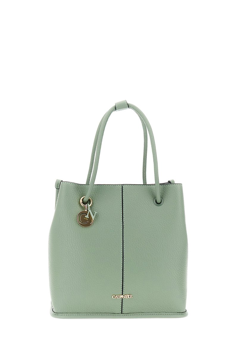 Borsa tote in pelle verde chiaro con texture, dotata di due manici e logo e charm dorati al centro della parte anteriore.