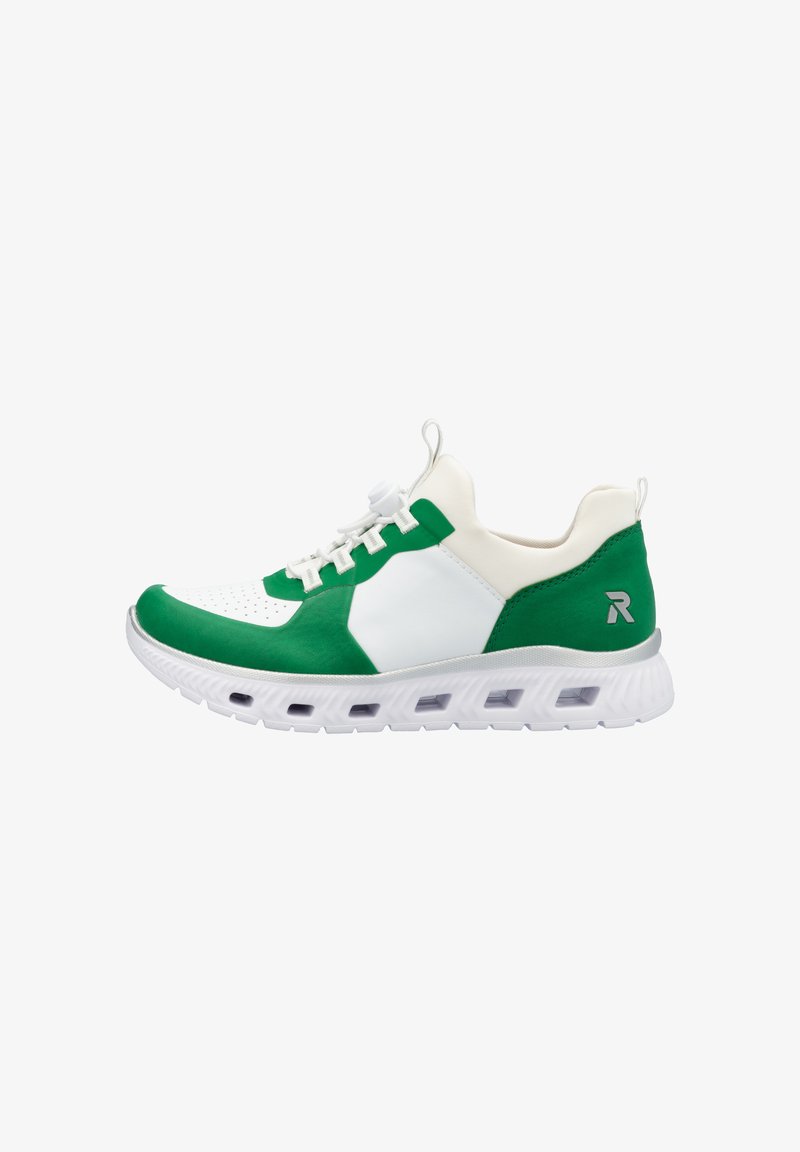 Grüne und weiße Sneaker mit einem glatten Lederobermaterial, strukturierten Details, einer gepolsterten Sohle und einem auffälligen Fersenakzent in Grau.