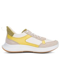 Low-top sneaker with beige suede, white leather, yellow accents, white laces, and a thick white sole with a brown tread.