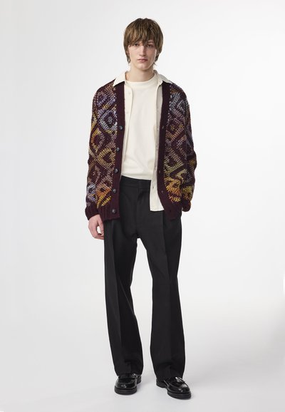 Jonge man in een multikleurrijke gebreide cardigan over een crèmekleurig shirt, zwarte broek en zwarte leren schoenen, staand tegen een witte achtergrond.