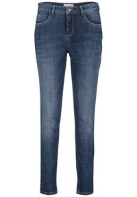 Jean slim bleu foncé avec cinq poches, fermeture par bouton, et texture délavée sur l’avant des cuisses.