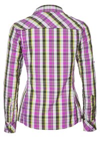 Košile s dlouhým rukávem z kostkovaného materiálu, která kombinuje růžovou, zelenou a žlutou barvu, s kontrastními vzory, manžetami na knoflíky a slim fit střihem.