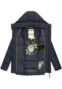 Marine pufferjack met capuchon, voorzien van limoen groene accenten en een bloemgrafiek ontwerp. Het heeft rits zakken en een geborduurd textuur.