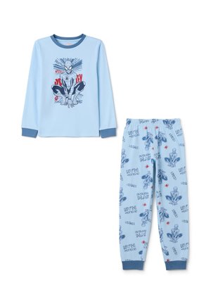 Lichtblauw pyjamahemd met lange mouwen, voorzien van een Spider-Man grafiek, gecombineerd met bijpassende tapered pyjamabroek met een herhalend spinnenpatroon.