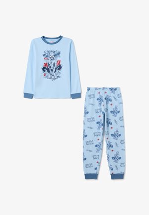 Light blue long-sleeve pajama top featuring a Spider-Man graphic, paired with matching tapered pajama pants with a repeating spider pattern.