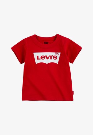 Red short-sleeve toddler t-shirt with white Levi's logo on the chest and small red Levi's tag on the side seam.