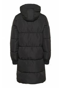 Fekete pufferek coat kapucnival, tűzött elemekkel, hosszú ujjal és bordás mandzsettával. Simaságával és áramvonalas dizájnjával kiemelkedik.