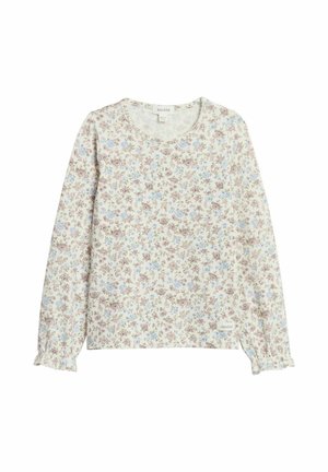 Kremowa koszula z długim rękawem z małymi niebiesko-brązowymi kwiatowymi wzorami, okrągłym dekoltem i marszczonymi mankietami.