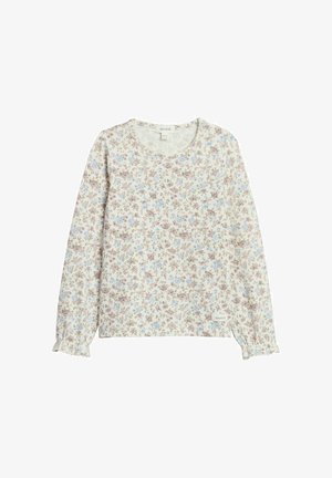 Langärmeliges cremefarbenes Hemd mit kleinen blauen und braunen Blumenmustern, rundem Ausschnitt und gerafften Manschetten.