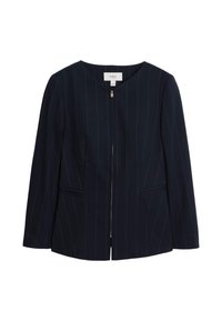 Marinblå blazer med vertikala ränder, långa ärmar, dragkedja fram och två framfickor. Slät tyg med strukturerad design, med rundad halsringning.
