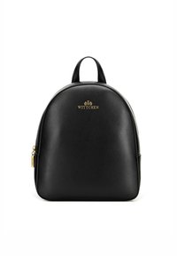 Černý kožený batoh Wittchen s kulatým vrcholem, zlat�ým zipem a logem, a jedním nosným uchem na bílém pozadí.