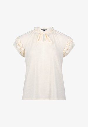 Lichtcrème top met korte mouwen en ruches op de schouders, ronde halslijn en strikdetail aan de voorkant. Gemaakt van zacht, gestructureerd materiaal.