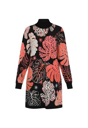 Rochie-sweater neagră cu modele de frunze vibrante în nuanțe de roz, gri și alb, cu guler și manșete ribbate și o croială lejeră.