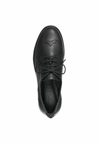 Scarpa di pelle nera con design a lacci, dettagli wingtip, punta tondeggiante e finitura liscia. Il logo presente reca la scritta "Tamaris."