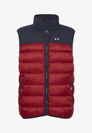 Czerwono-granatowa kamizelka puchowa z pionowym pikowaniem, wysoki kołnierz, zamek błyskawiczny z przodu i dwoma bocznymi kieszeniami na zamek. Zawiera naszywkę z logo.