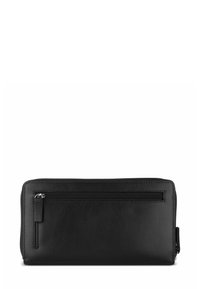 Zwarte leren portemonnee met een gladde textuur, voorzien van een ritsvak en subtiele stiksels langs de randen. Rechthoekige vorm.