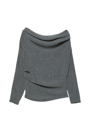 Pull gris à manches longues avec un col drapé et un tissu texturé. Comprend un détail enveloppant à la taille pour plus de dimension.