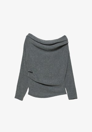 Harmaa, pitkähihainen villatakki, jossa on roikkuva huppukaulusmuotoilu ja teksturoitu kangas. Sisältää vyötäröllä kiertävän yksityiskohdan lisäulottuvuuden saavuttamiseksi.