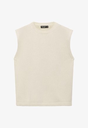 Béžová pletená vesta bez rukávů s žebrovaným kulatým výstřihem a lemem, pohled shora.