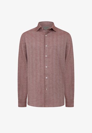 Rotes meliertes Langarmhemd aus leichtem Stoff. Verfügt über einen spitzen Kragen und eine Knopfleiste, mit verstellbaren Manschetten.