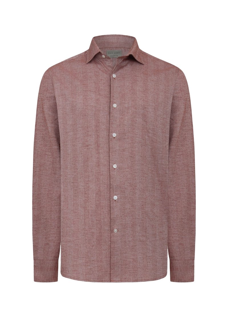 Rød meleret langærmet skjorte, lavet af letvægtsstof. Har en spids krave og knaplukning, med justerbare ærmekanter.