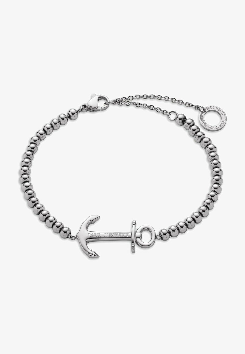 Bracciale in argento con perle rotonde e un ciondolo a forma di ancora con l'incisione "PAUL HEWITT." Include un moschettone e una catena regolabile.