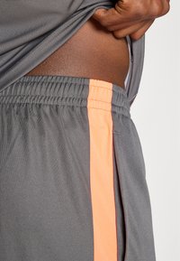 Grå treningsshorts med elastisk midje, oransje side stripe og lett plissédetalj. Glatt tekstur, egnet for aktiv bruk.