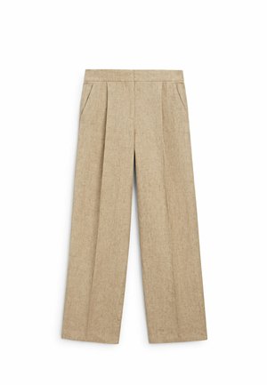 Pantaloni beige in misto lino a vita alta con pieghe frontali, tasche laterali e gambe larghe e dritte.