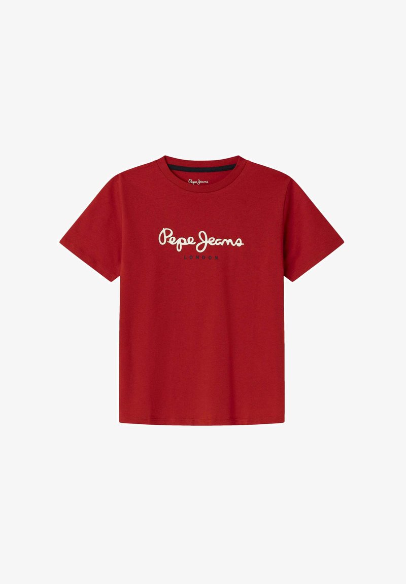 Raudona medvilninė marškinė su trumpomis rankovėmis, apvaliu kaklu ir baltu "Pepe Jeans London" logotipu spausdintu priekyje. Glotni tekstūra.