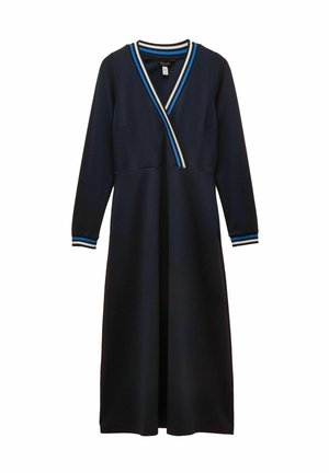 Langes Marineblaues Kleid mit langen Ärmeln, V-Ausschnitt mit blauen, weißen und schwarzen Streifen eingefasst, passende gestreifte Manschetten.