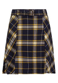 Gonna a quadri con una base blu navy e strisce gialle e grigie, vita aderente con fibbia e design plissettato per una maggiore forma.