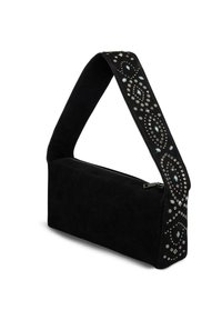 Czarna torebka zamszowa o zdefiniowanym kształcie, z ozdobnym paskiem z metalowymi ćwiekami i kamieniami szlachetnymi w różnych kształtach i kolorach.
