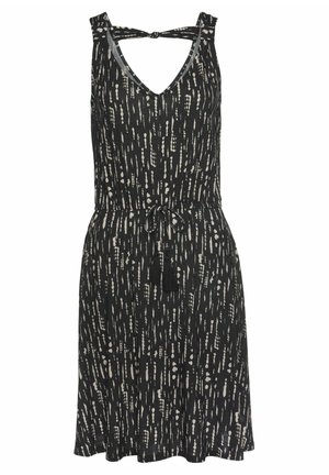 Zwart mouwloze jurk met beige abstracte verticale streepjes, V-hals, detail met strik aan de achterkant en tailleband met kwastjes, knielang, vloeiende rok.