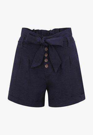 Tummansininen korkeavyötäröinen shortsimalli, jossa on kangasvyö, neljä nappia, laskokset ja käärityt lahkeet. Valmistettu kevyestä, tekstuuriltaan vaihtelevalta kankaalta.