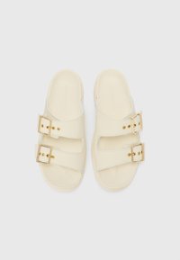Lysebeige sandaler med to justerbare remmer, utstyrt med detaljer i gull og en glatt, teksturert overflate, designet for å enkelt kunne tas på.