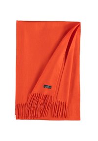 Orange fransescarf lavet af blødt stof, med en glat tekstur og et lille mærke med "FRAAS" i et hjørne.