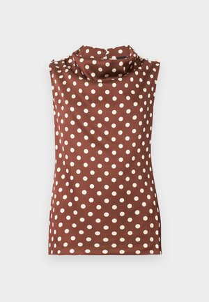 Hnedý top bez rukávov s bielymi bodkami, vysokým golierom a zapínaním na gombíky na ramenách.