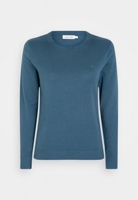 Blauer Langarmpullover aus weichem Strickstoff, mit rundem Ausschnitt und einem dezenten Logo auf der Brust. Glatte Textur und taillierter Schnitt.