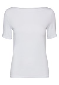 Bílý krátký rukáv tričko s širokým výstřihem, vyrobené z měkké bavlny, hladká struktura a jednoduchý, minimalistický design.