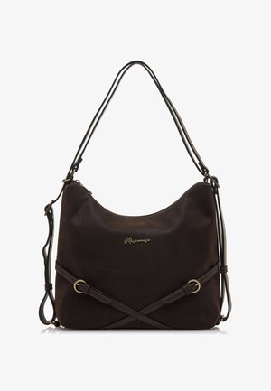 Braune Lederschultertasche mit glatter Textur, ausgestattet mit einem Umhängegurt, goldfarbenen Hardware-Akzenten und einem Logodetail auf der Vorderseite.