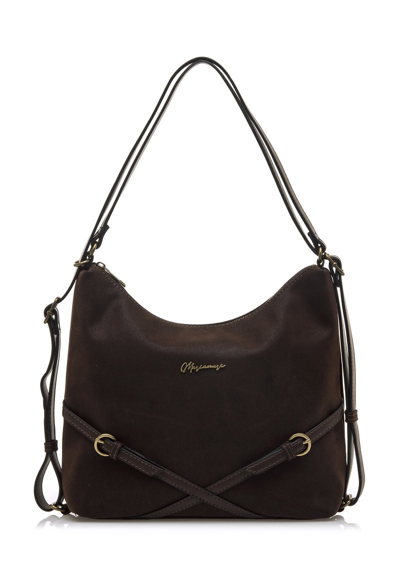 Borsa a spalla in pelle marrone con una superficie liscia, dotata di una tracolla, dettagli in hardware oro e logo sul davanti.