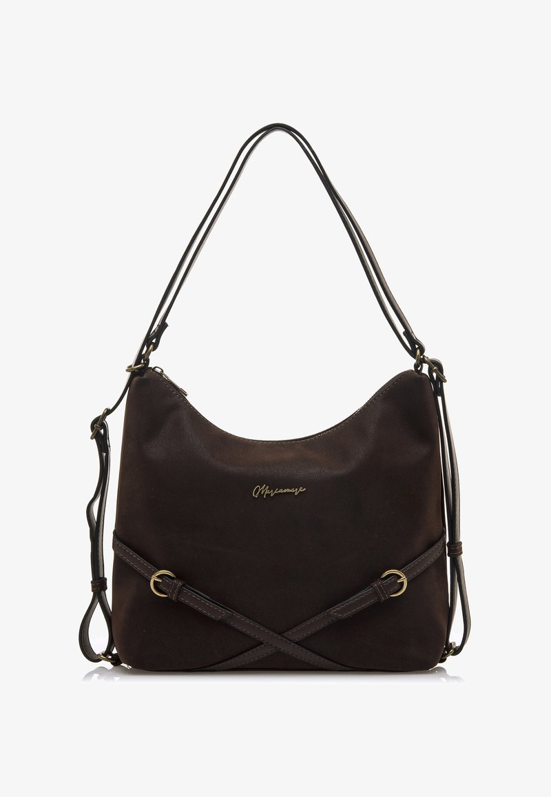 Borsa a spalla in pelle marrone con una superficie liscia, dotata di una tracolla, dettagli in hardware oro e logo sul davanti.