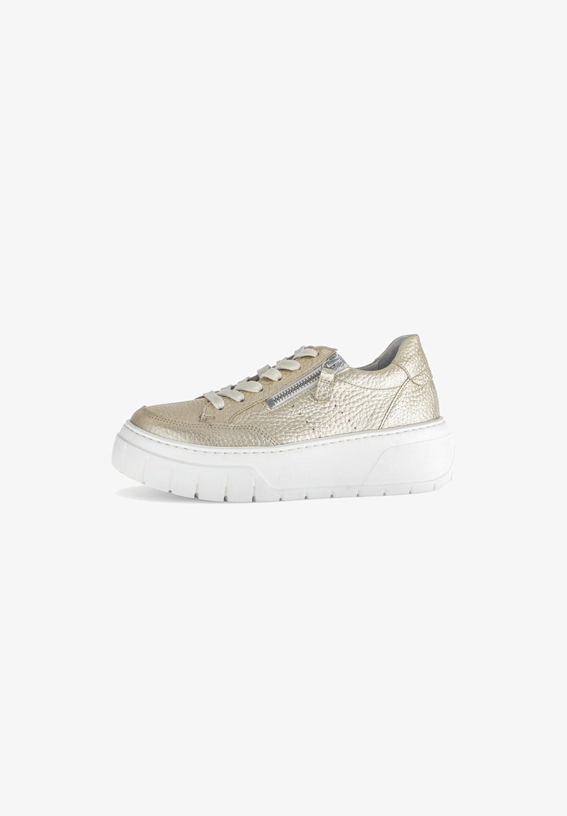 Metallic gold sneaker with textured upper, white rubber sole, flat laces, and side zipper detail. Rounded toe and padded collar.