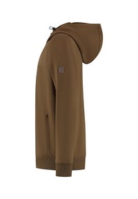 Bruine hoodie met rits, lange mouwen, zijzak met rits, geribbelde manchetten en zoom, en een klein logo-patch op de linkermouw.
